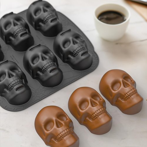6 Cavities Large Skull Cake Pan Silicone Mold - 3D Skull Ice Cube Mold, Halloween Silicone Molds Bpa Free for Chocolate, Jelly, Wax Melt, Ice Cubes, Gelatin and Resin