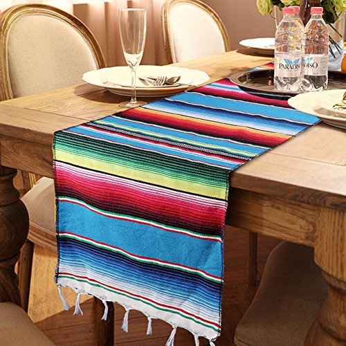 Fowecelt Mexican Serape Table Runner 14 x 84 in Blue Pack of 2 Hand-Woven Cotton