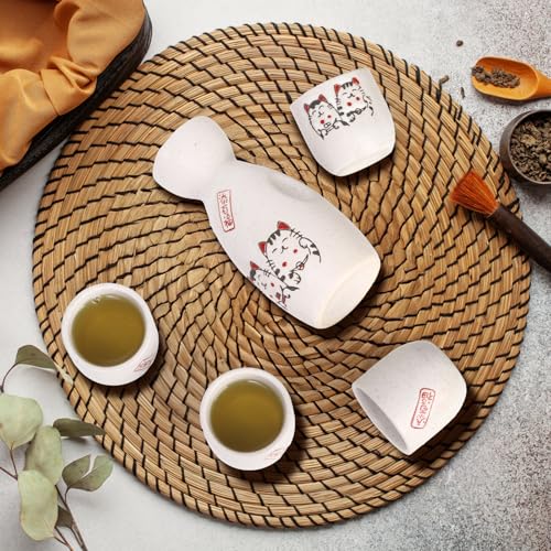 Japanese Sake Set with Maneki Neko Cups & Carafe - Ceramic Hot Drink Gift