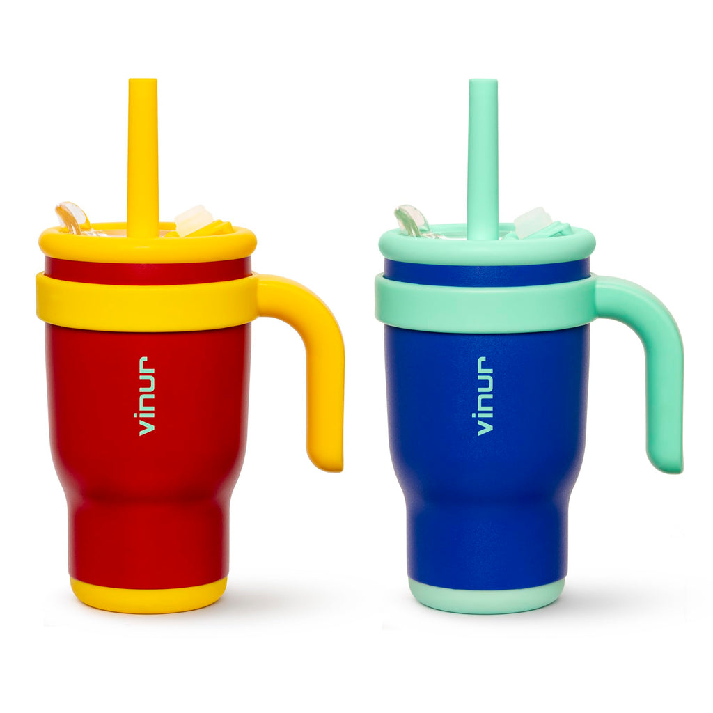 VINUR 14 oz Kids Tumbler with Handle and Straw Lid-2 Pack Stainless Steel Insulated Tumbler Travel Cup with Rubber Base|Drop and Leak Resistant |Cup Holder Friendly (Canyon Red-Navy)