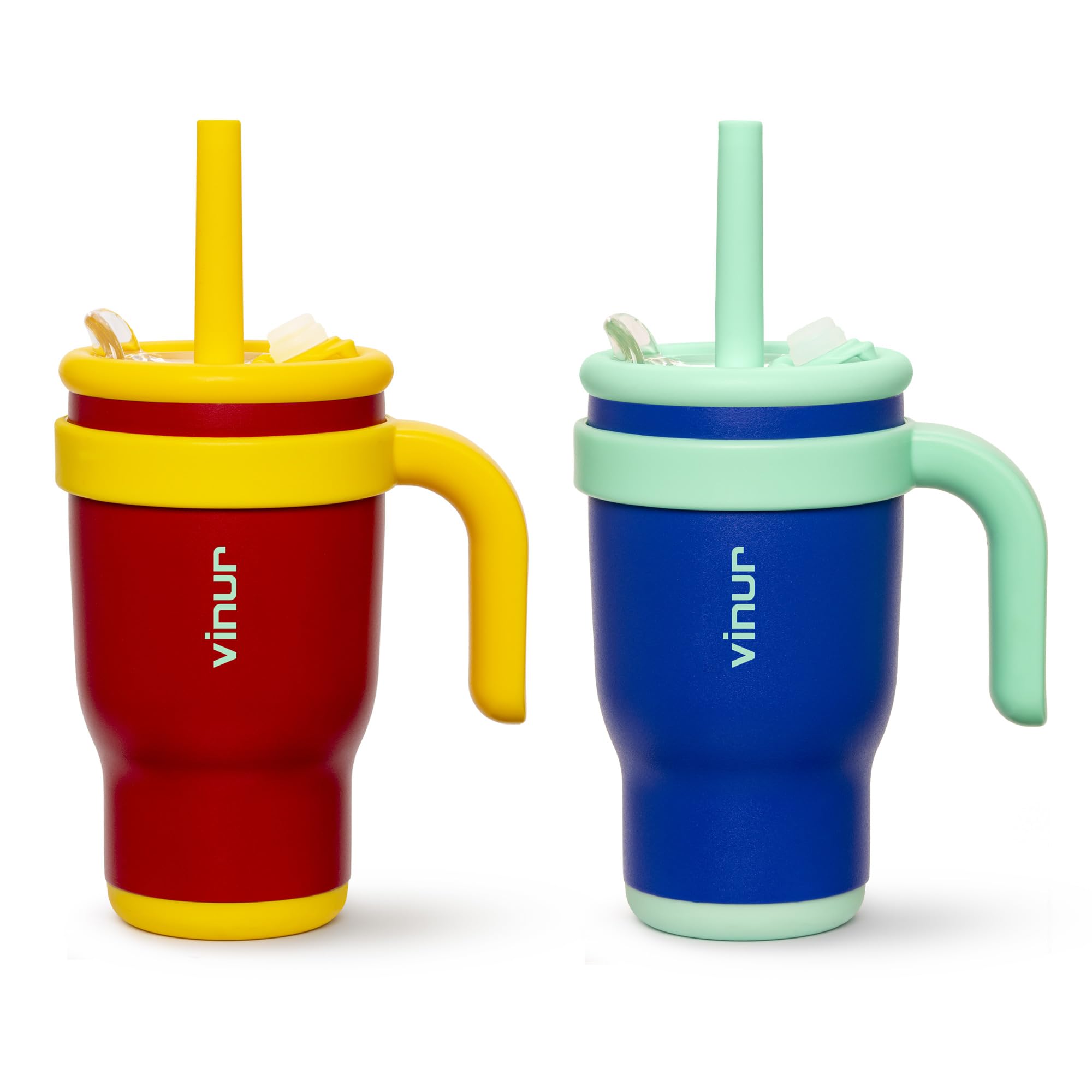 VINUR 14 oz Kids Tumbler with Handle and Straw Lid-2 Pack Stainless Steel Insulated Tumbler Travel Cup with Rubber Base|Drop and Leak Resistant |Cup Holder Friendly (Canyon Red-Navy)