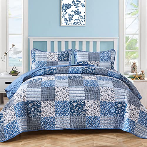 Mybedsoul King Size Boho Patchwork Floral Quilt Set, 3-Piece Blue Coverlet