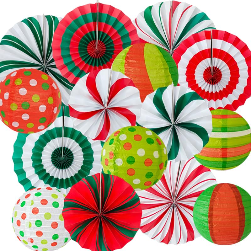 15 Pcs Christmas Candy Party Decorations Set - Red, Green & White Honeycomb Fans & Lanterns for Holiday Festivities