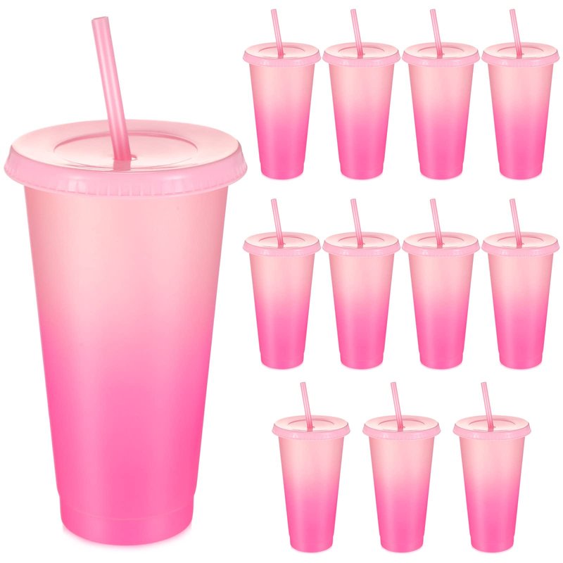 Lallisa 12 Pcs 24 oz Reusable Cups with Lids and Straws, Plastic Cups Drink Water Bottle Travel Mug Iced Cold for Birthday Wedding Anniversary Bachelor Party Favors
