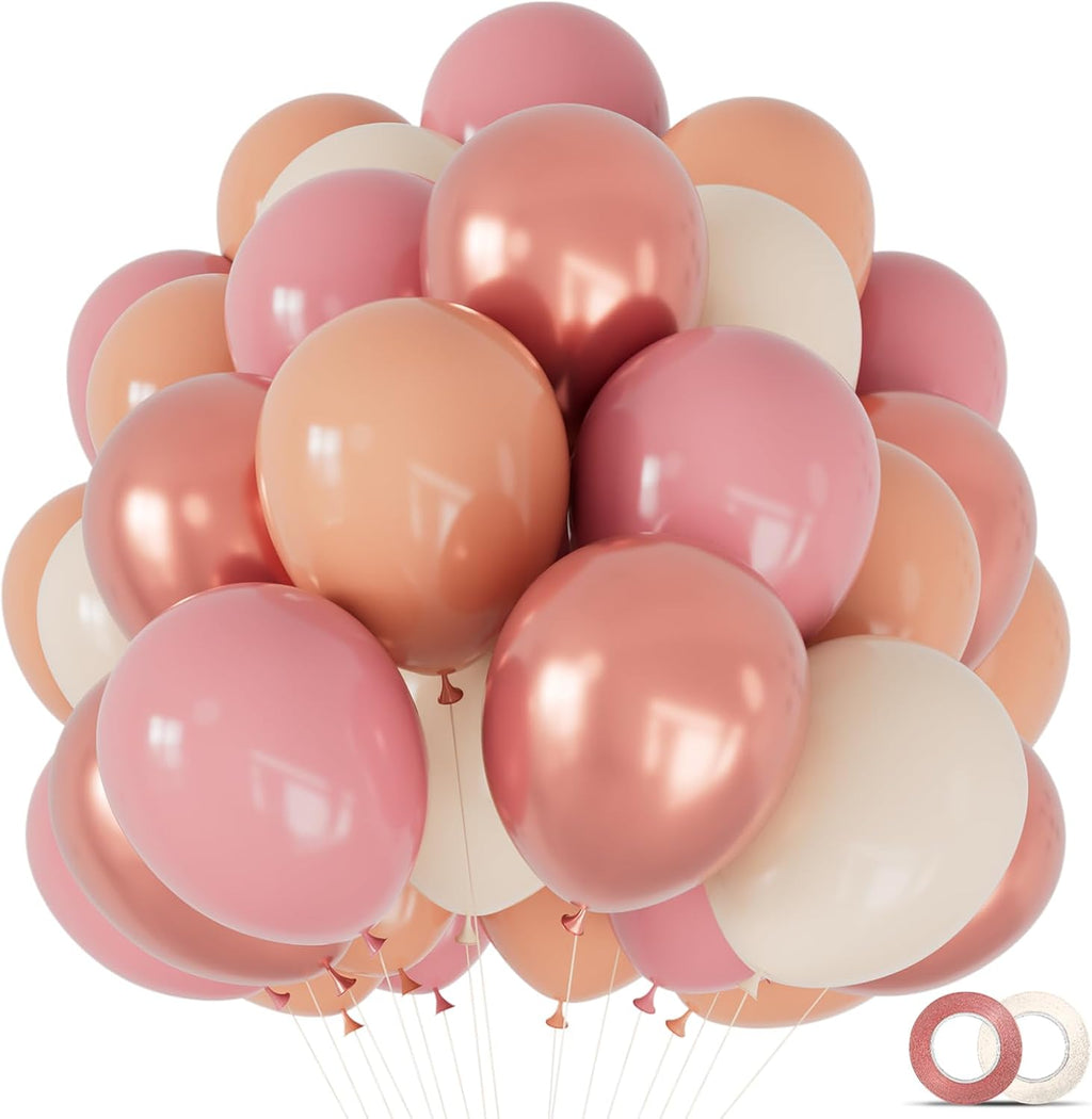 Regine Switzerland 68 Pcs Retro Pink Party Balloons - 12 Inch Dusty Pink & Metallic Rose Gold Decor for Girls' Birthday & Baby Showers