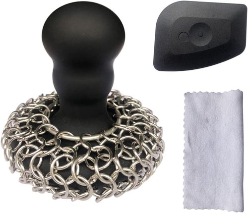 316 Chainmail Scrubber - Ergonomic Cast Iron Cleaner with Silicone Handle | Dishwasher Safe, Black