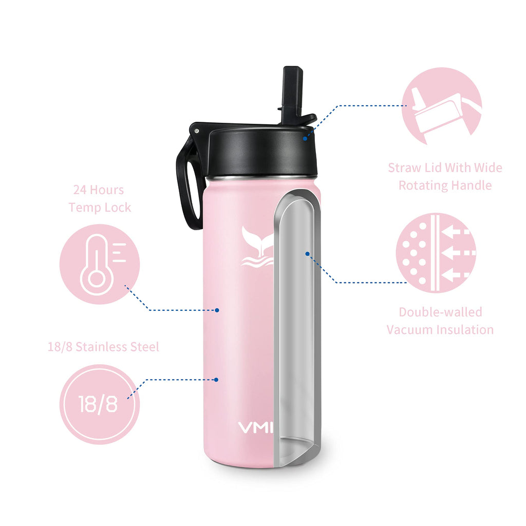 Vmini Water Bottle with Straw, Wide Rotating Handle Straw Lid, Wide Mouth Vacuum Insulated Stainless Steel Water Bottle, Pick, 18 oz