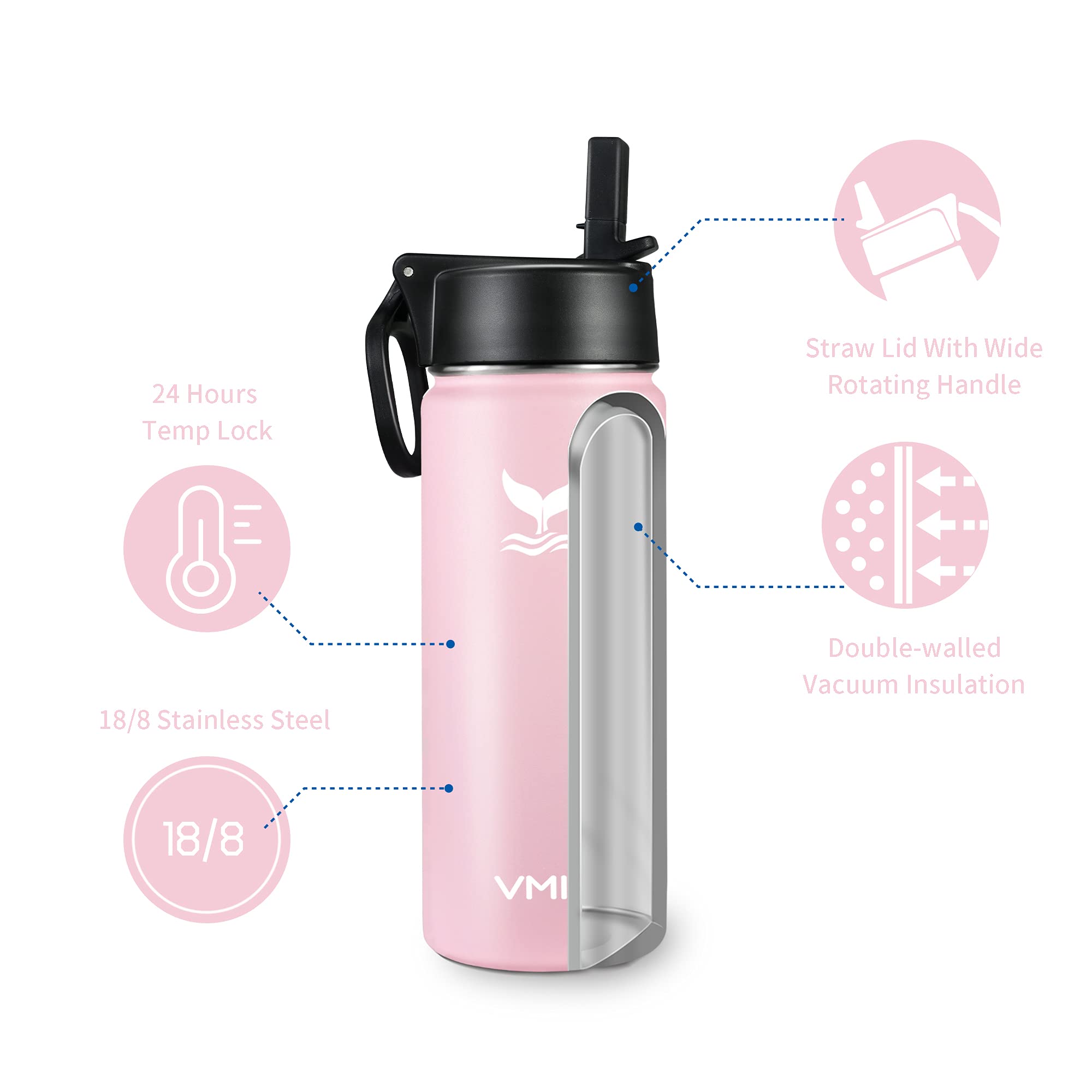 Vmini Water Bottle with Straw, Wide Rotating Handle Straw Lid, Wide Mouth Vacuum Insulated Stainless Steel Water Bottle, Pick, 18 oz