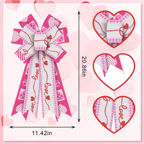 ABTOLS Valentine's Day Bows - Large Pink Heart Wreath Bows for Front Door & Wedding Decor