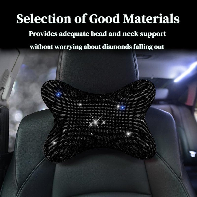 Pirador 2Pcs Women Neck Pillow Car Headrest Auto Headrest Cushion Driver Head Relax Black Diamonds Bling Bling Car Crystal Accessories Rhinestones Neck Rest Pillow for Girls and Women