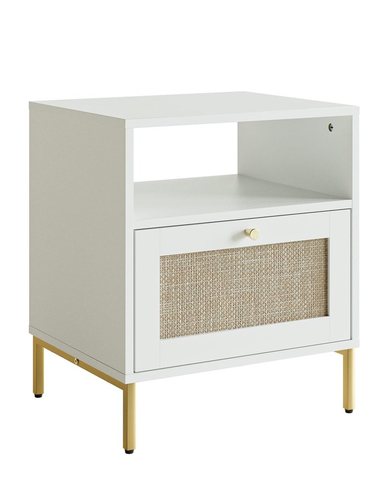Apetaccat Extra Large Nightstand Rattan Night Stand, Modern Side Table Boho Farmhouse Wood Bedside Table with Storage Drawer and Open Shelf,Large End Table for Bedroom,Living Room,Office(White)