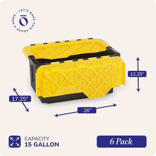 HOMZ 6-Pack Durabilt Tote - Heavy Duty 15 Gallon Plastic Storage Bins with Lids | Black/Yellow Stackable Organizers