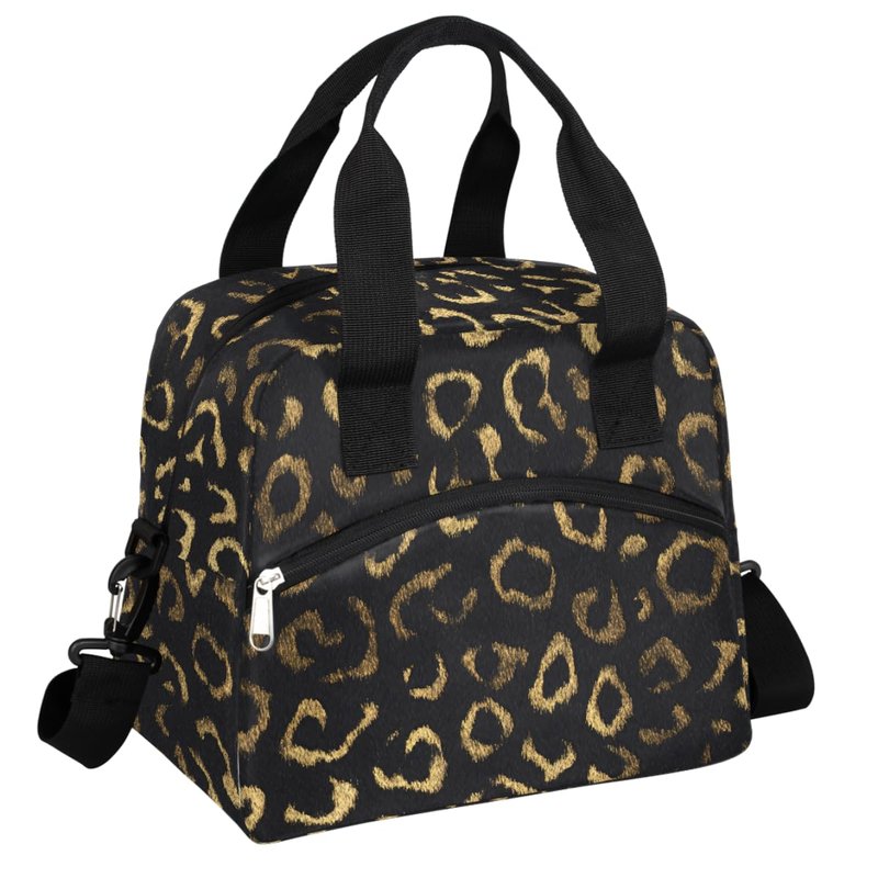 Black Gold Leopard Cheetah Insulated Lunch Bag for Women Men Adult Lunch Tote Bag with Shoulder Strap Reusable Lunch Box Large Containers Thermal Cooler Bag for Work School Picnic Lightweight Handbag