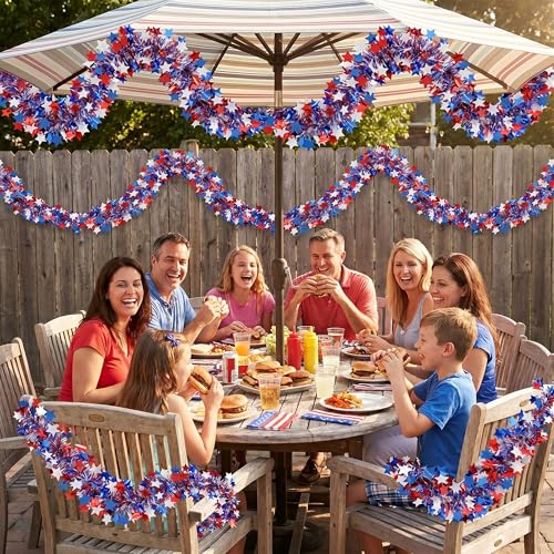 50ft Patriotic Star Tinsel Garland - Red White & Blue July 4th Decor