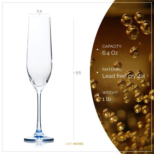 Crystalex Rainbow Champagne Flute Set of 6, Bohemia Crystal Champagne Glasses Stemmed For Prosecco, Mimosas or Cocktails, Lead-Free 190 ML (6.42 Oz)