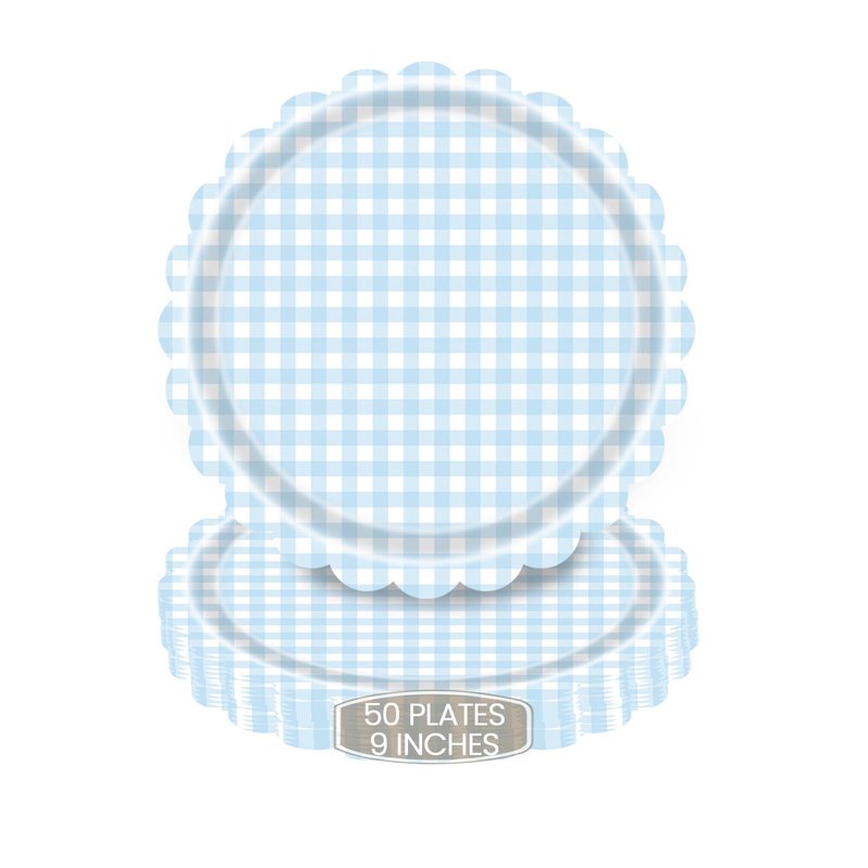 WRXVVTSV 50PCS Baby Blue Gingham Disposable Paper Dinner Plates 9 Inch Scalloped Edge for Baby Shower Gender Reveal or Gingham Party Supplies