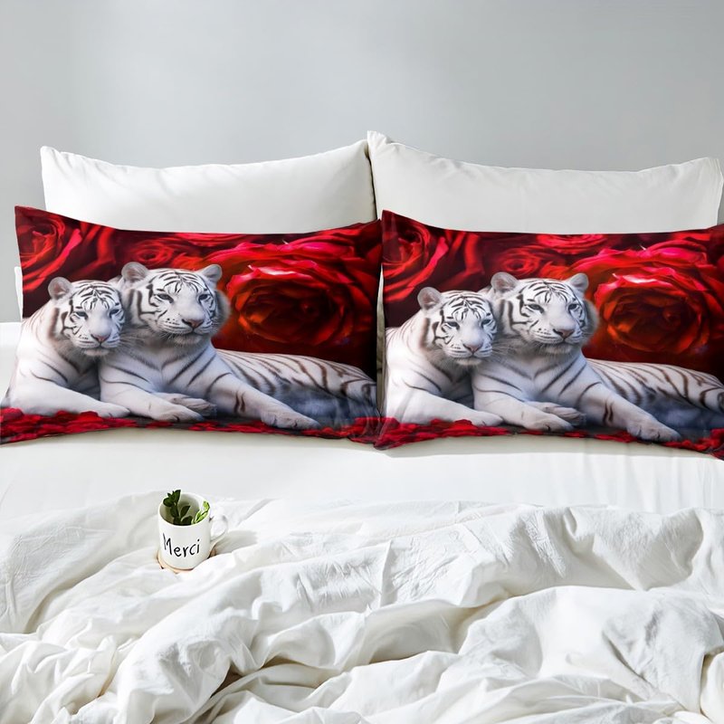 Tiger Bedding Set King Size,Red Rose Flower Comforter Cover for Boys Girls,African Safari Animals Duvet Cover,Big Cat Wild Animal Skin Quilt Cover,Romantic Garden Floral Bedroom Decor