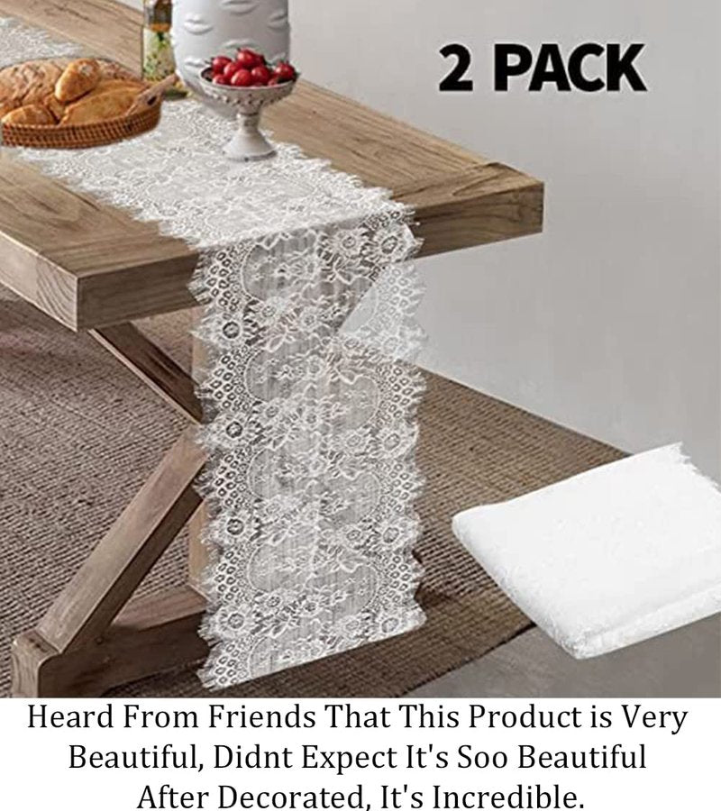 Pardecor Elegant Pardecor 2-Pack 14x120-Inch Lace Table Runner, White Floral Design for Rustic Boho Wedding, Bridal Shower, and Special Events