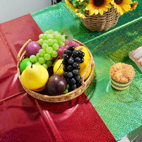 Hauwellter 12 Pack Iridescent Red & Green Plastic Tablecloths 54x108 in - holographic disposable party covers