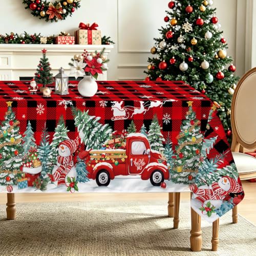 Christmas Tree Plaid Truck Gift Rectangle Table Cloth 55x70in Red Plaid - hometrixx