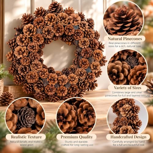 Dark Brown 18 Inch Fall Wreath with Pine Cones for Front Door & Decor
