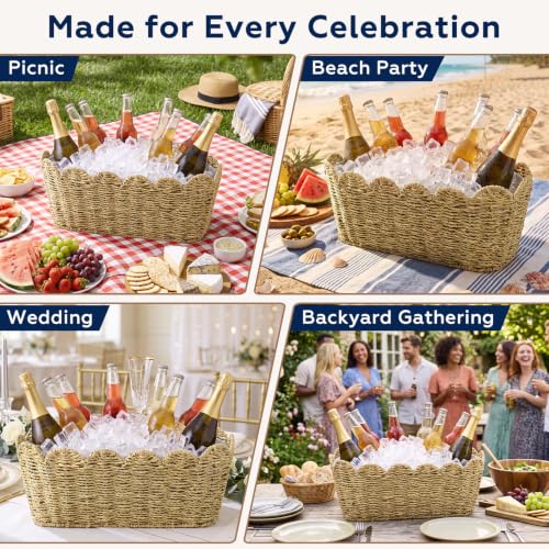 Domensi Scalloped 5 Quart Wicker Ice Bucket with Scoop & Tongs – Rustic Beverage Cooler