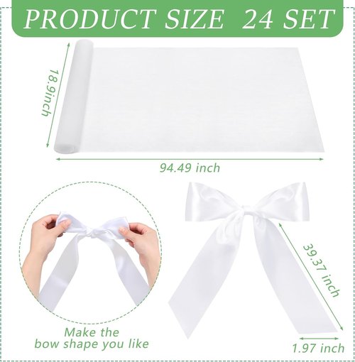 HunnmingRe 24 Sets Wedding Aisle Chair Decor - White Chair Sashes with Ribbons & Tulle for Ceremonies