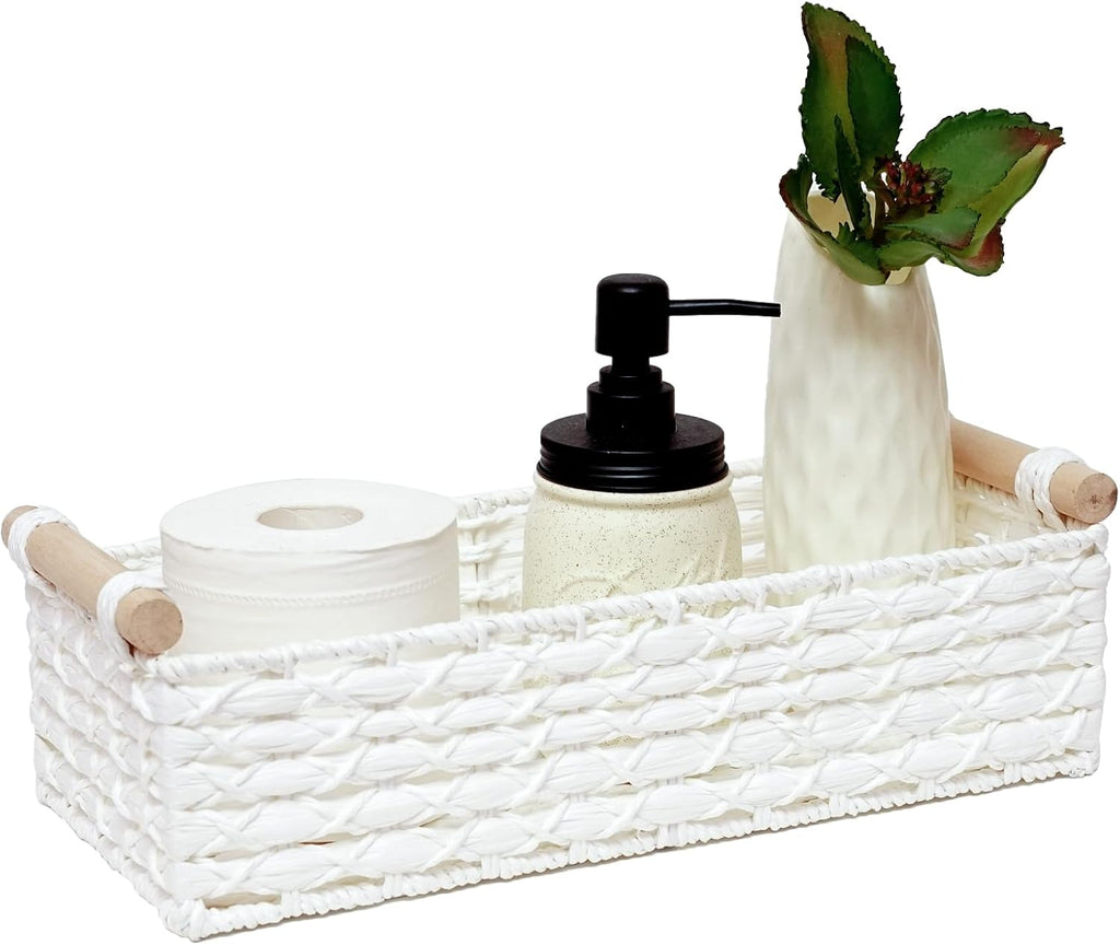 Small Wicker Storage Basket by [Brand Name] - Decorative Organizing Bins with Handle | White Set for Countertops & Toilets