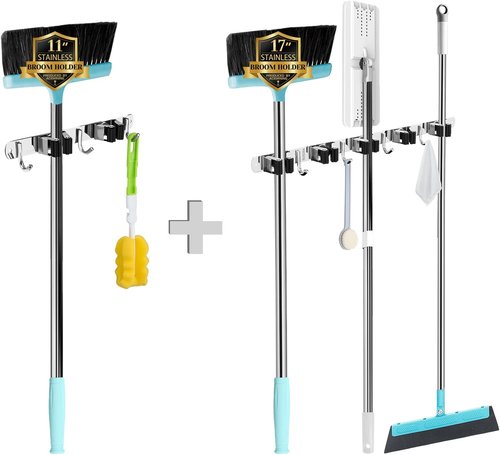 AceMining Wall-Mounted Broom and Mop Holder - 5 Racks & 4 Hooks | Heavy-Duty Stainless Steel Organizer