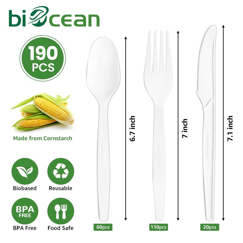 Biocean Extra Heavyduty Compostable Cutlery Set - 190 Count Large Disposable Utensils No Plastic Forks Spoons Knives Biodegradable Fork Eco Friendly Silverware for Party,BBQ,Daily Use,Events,Picnic