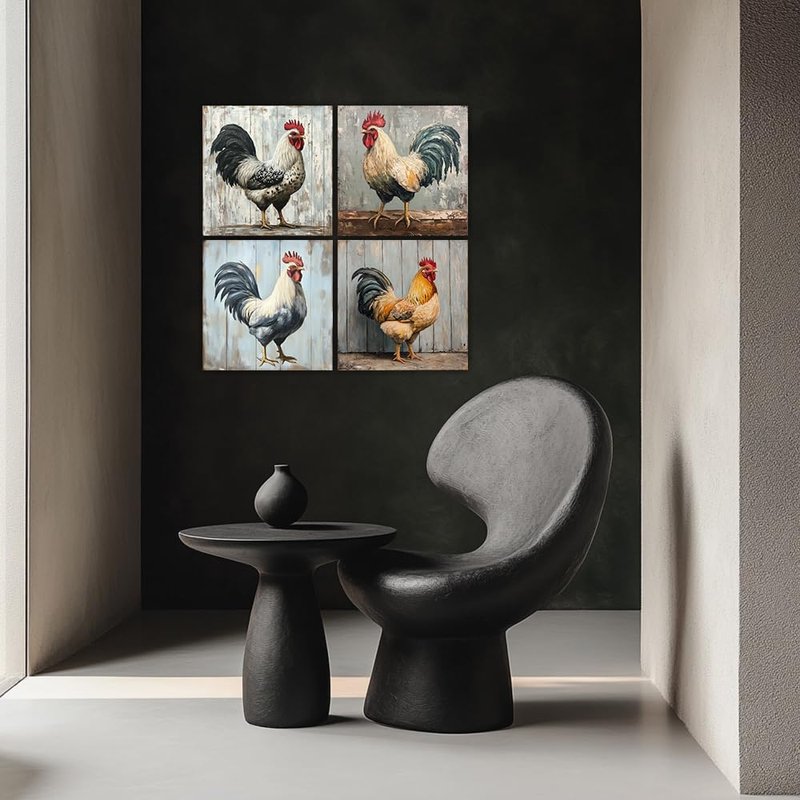 Rooster Canvas Wall Art 4 PCS Farmhouse Kitchen Chicken Paintings Rustic Farm Animal Picture Prints for Living Room Bedroom Bathroom(Rooster-2,12x12inchx4 Pieces (30x30cmx4 Pieces))