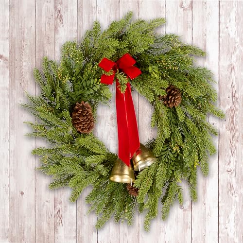 National Tree Company 28in Artificial Christmas Wreath with Bells, Pinecones & Red Ribbon
