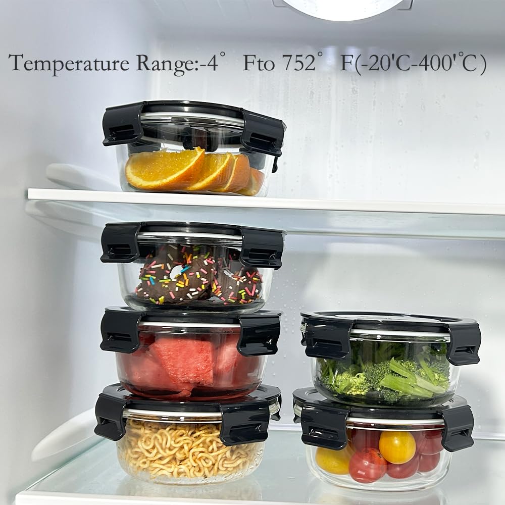 R.repad yay 12Oz Round Glass Food Containers With Lids, Small Round Glass Meal Prep Containers,1.5 Cup Clear Food Storage Containers With Lids BPA-Free, Microwave, Dishwasher, Freezer Safe（Black）