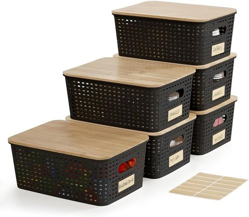 Bagnizer Small Plastic Storage Bins - Stackable 5.2qt Decorative Containers with Bamboo Lids | Black, Set of 6