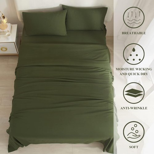 HighBuy Queen Sheet Set - Luxury Hotel-Quality Cooling Bed Sheets | 4-Piece Army Green Bedding - 16'' Deep Pocket, Wrinkle & Stain Resistant