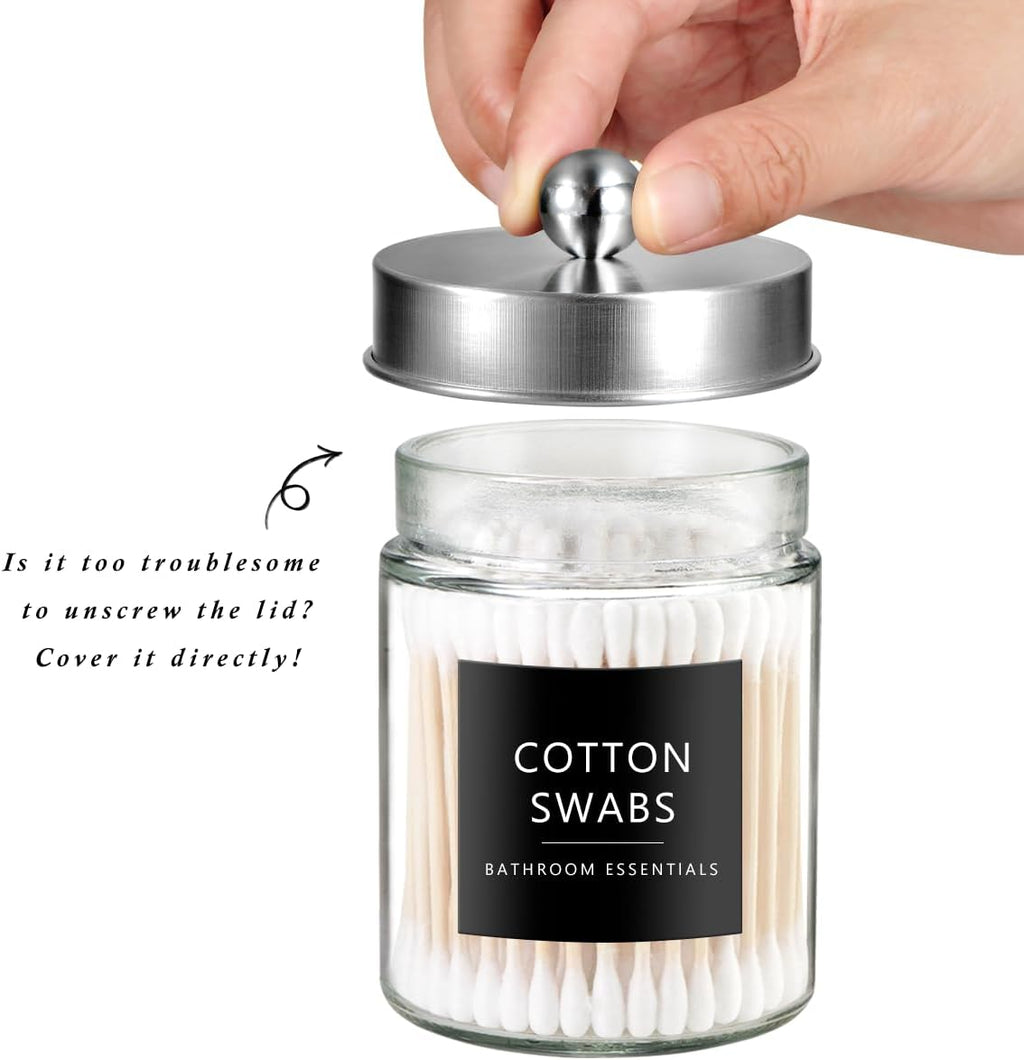 SheeChung Glass Qtip Holder Dispenser - Rust-Proof Stainless Steel Apothecary Jars | Bathroom Organizer for Cotton Swabs, Balls, Pads - Brushed Nickel Finish