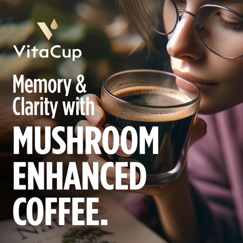 VitaCup Mushroom Coffee Grounds, with Lions Mane, Chaga, B Vitamins, D3, Boost Focus, Immunity, Memory & Clarity, Medium Dark Roast, 100% Arabica Specialty, 20oz, 52 Servings