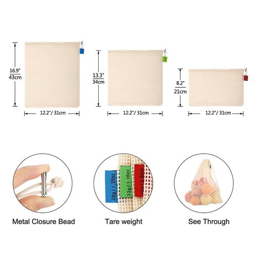 Reusable-Cotton-Mesh-Produce-shopping-Bags-Washable Eco Friendly Premium See Through Lightweight Net zero Bulk Bags for Veggie Fruit Vegetable Grocery Storage (9 Packs)