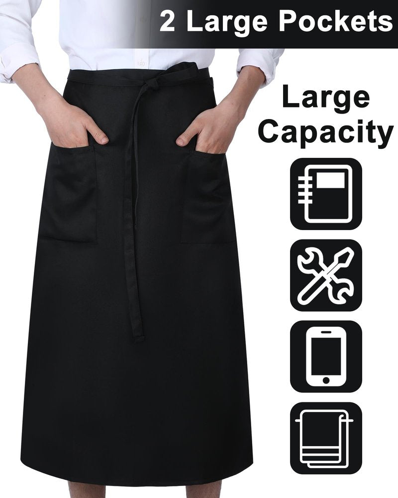 Xtinmee 10 Pcs Bistro Aprons 2 Pockets 32 Inch Waterproof Half Waist Black Bistro Apron with Long Waist Ties for Server Chef Waiter Waitress Bartender