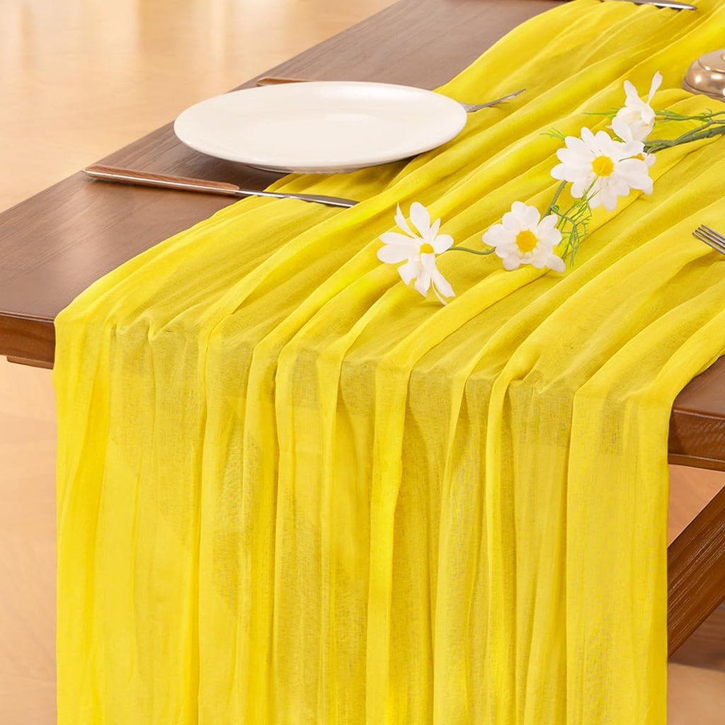 Socomi Yellow Cheesecloth Table Runner - 120 Inch Rustic Boho Gauze for Weddings & Events