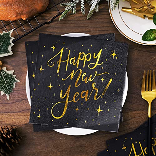 Whaline Black Gold Happy New Year Paper Napkins, 80 Pcs - Disposable Dinner Napkins