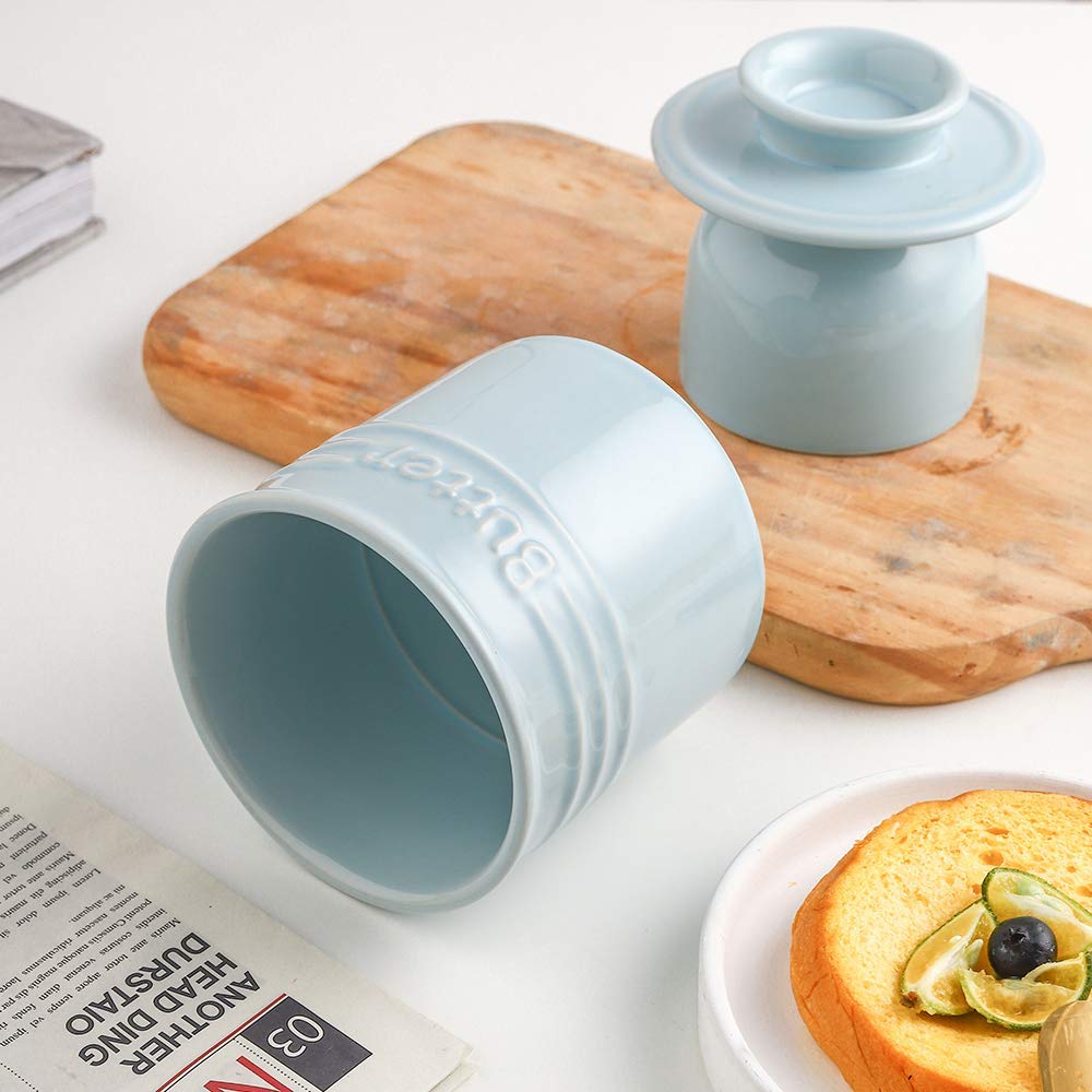 KOOV Ceramic Butter Crock, French Butter Dish, Butter Keeper for Counter, Big Capacity, Elegant Blue Collection (Light Blue)