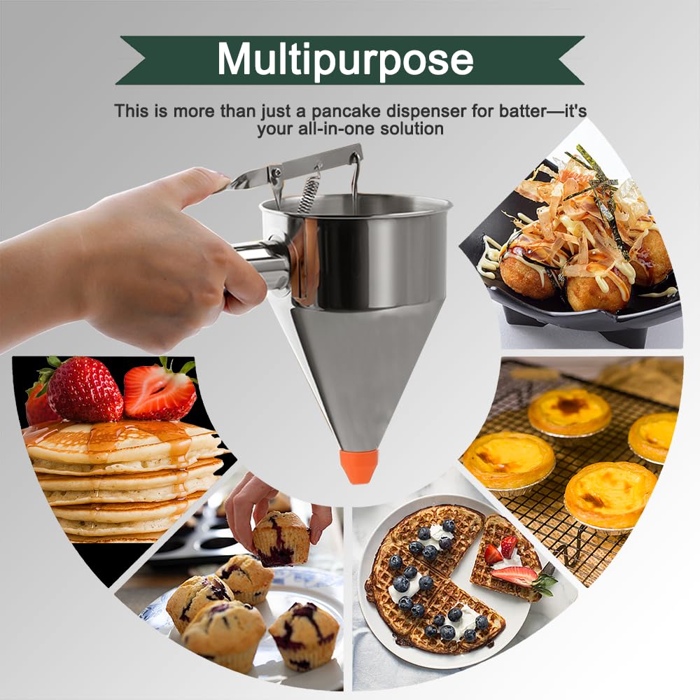 LunaCozy Pancake Batter Dispenser – 40oz Stainless Steel No-Drip Funnel, 4 Interchangeable Silicone Nozzles, Easy Control Batter Dispenser for Pancakes, Cupcakes, Funnel Cakes, Muffins & More