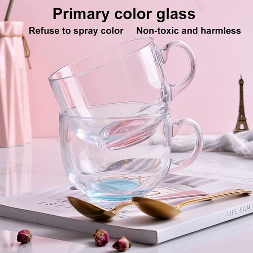 Large Clear Glass Coffee Mugs Set of 2,14.8 oz(440ml)-Wide Mouth Tea Cups with Handle and Spoon Transparent Drinking for Cappuccino Cups, Latte, Milk color 4 Piece