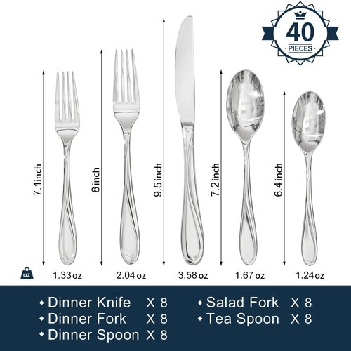 HIKAA Wave Design Silverware Set Service for 6, 30-Piece Artistic Stainless Steel Flatware Set with Fibonacci Pattern, Heavy Duty Mirror Polished Cutlery Set