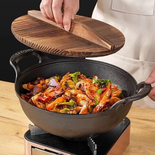 VONOTO 11 inch Cast Iron Wok with Lid and Handles, Grilling Wok, Use in the Oven, on the Stove, or on the Grill (Wok with Lid 11 inch)