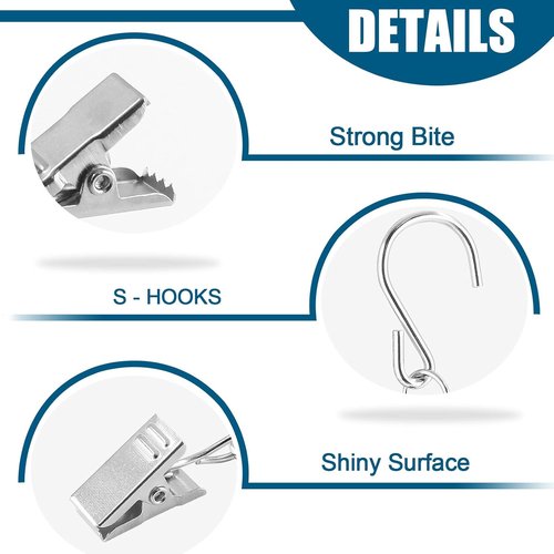 Litoexpe S Hooks - 50 PCS Metal Curtain Clips for Hanging Lights & Tents | Silver Finish