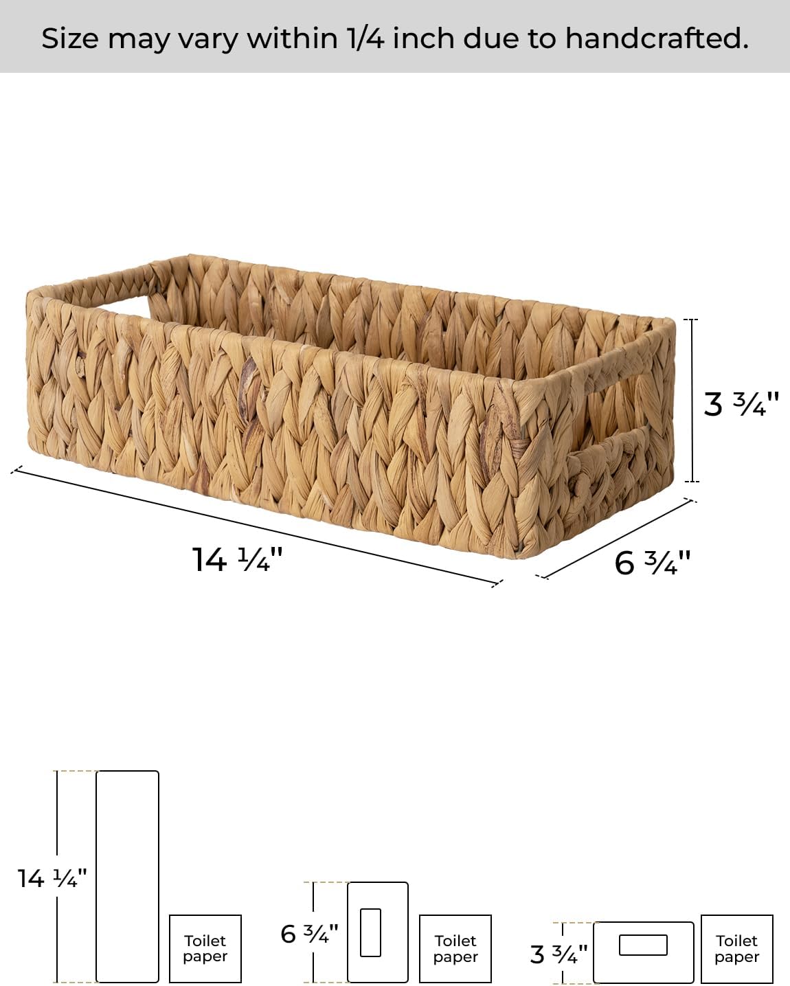StorageWorks Water Hyacinth Basket - Stylish Wicker Storage Solution with Handles | 14.25"L x 6.5"W x 3.75"H