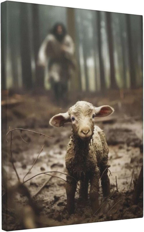 FOSMXA Jesus & Lamb Canvas Wall Art - Inspirational Christian Decor for Bedroom & Living Room | 12x16 Inch