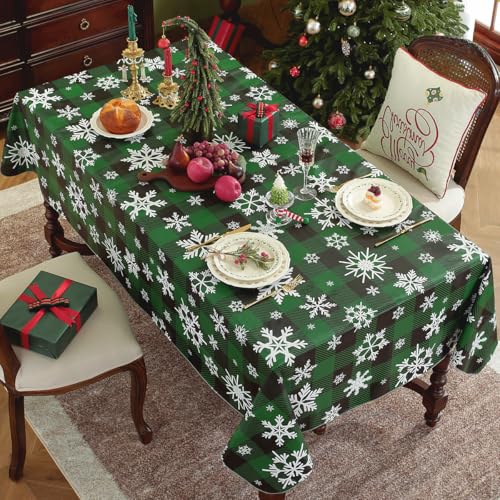 SASTYBALE Checkered Christmas Tablecloth 60x120 in Green & Black with Flannel Backing, Waterproof Snowflake Design